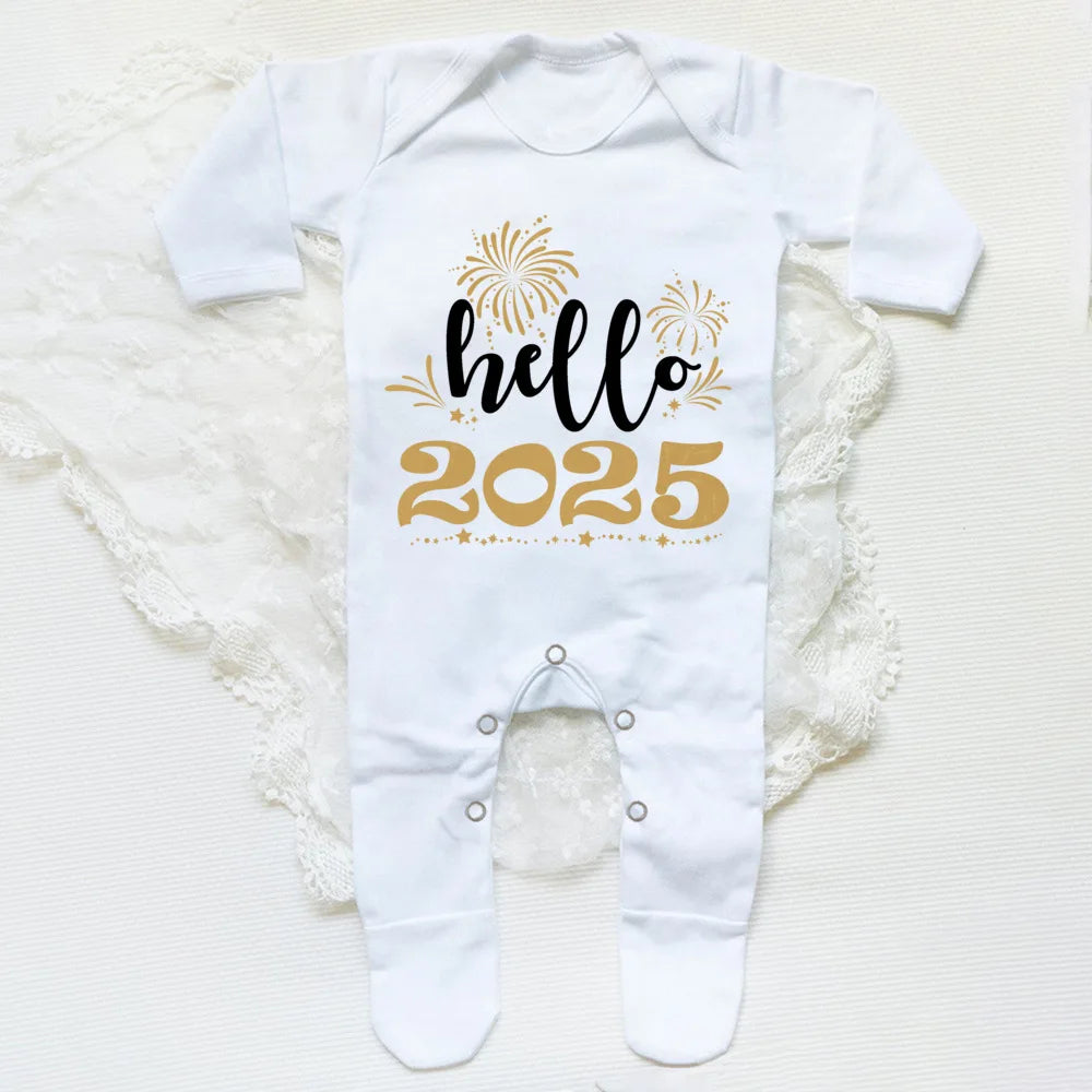 Combinaison de nuit imprimée Hello 2025 pour bébé, barboteuse, bonne année, nouveau-né, combinaison, pieds pour bébé, body à manches longues