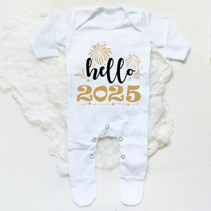 Combinaison de nuit imprimée Hello 2025 pour bébé, barboteuse, bonne année, nouveau-né, combinaison, pieds pour bébé, body à manches longues