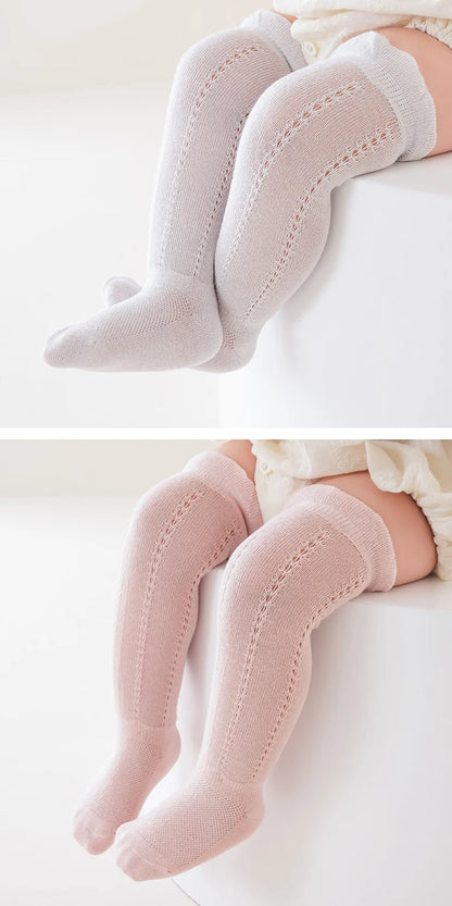 Lot de 5 paires de chaussettes longues ajourées pour bébé, en maille respirante, en coton, princesse, sans os, montantes, fines, pour nouveau-né, de 0 à 2 ans