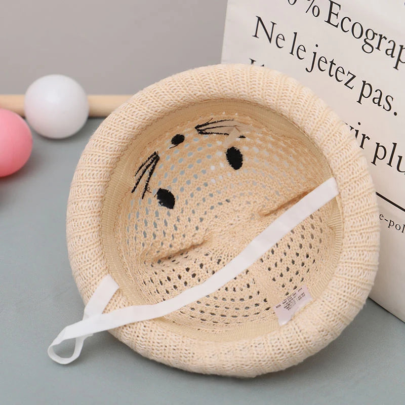 Summer Baby Straw Hat Cute Cat Ear Infant Toddler Mesh Breathable Bucket Hat Outdoor Beach Boy Girl Panama Sun Cap
