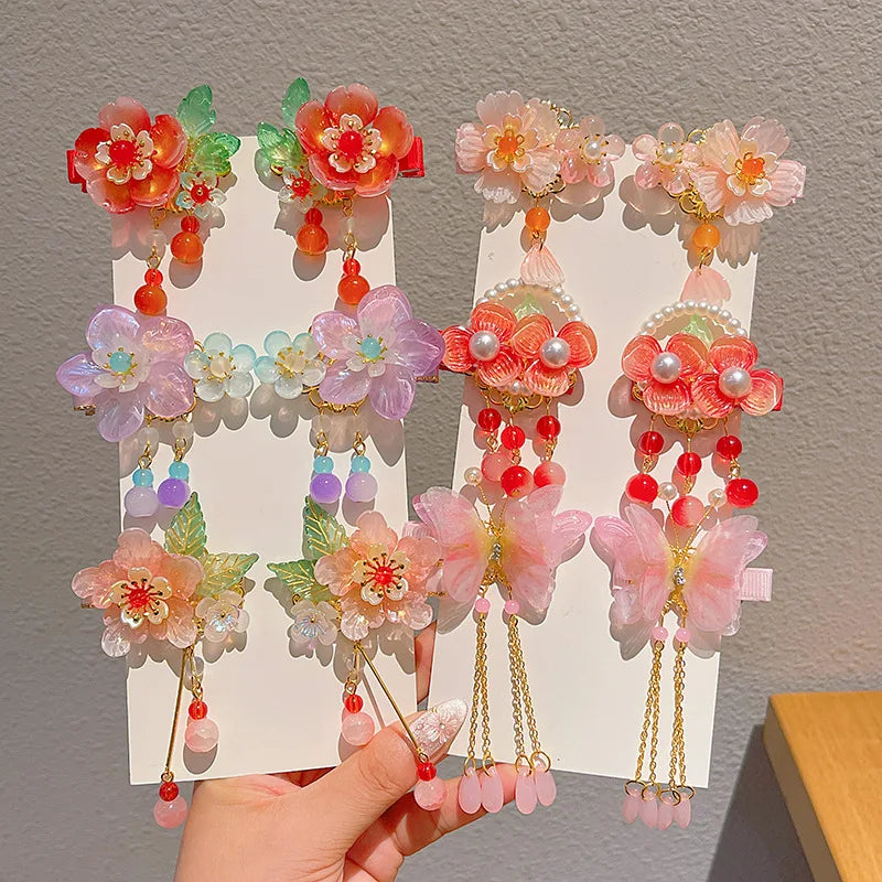 Children's Antique Style Tassel Hair Clip Headwear for Girls Hanfu Flower Hair Clip for Girls Bangs Hair Accessory