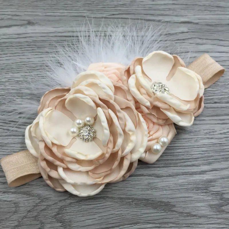 Baby Birthday Headband Photo Props Headwear Chiffon Flower with Diamond Lace Wide Headband for Baby Girls Headwrap Infant Turban