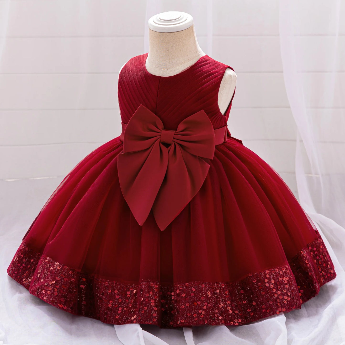 Robe de soirée à paillettes pour petite fille, tenue de bal de fin d'année, de mariage, de Noël, de 1er anniversaire, avec nœud, tenue de princesse en dentelle pour demoiselle d'honneur