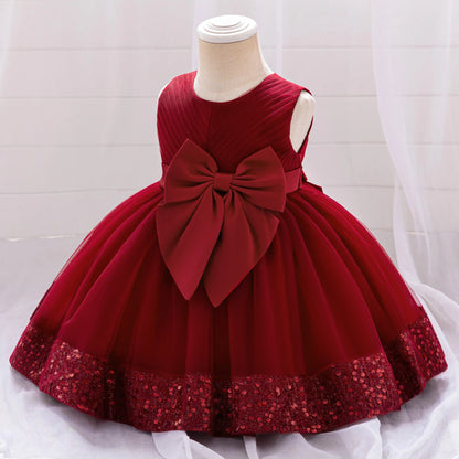 Robe de soirée à paillettes pour petite fille, tenue de bal de fin d'année, de mariage, de Noël, de 1er anniversaire, avec nœud, tenue de princesse en dentelle pour demoiselle d'honneur
