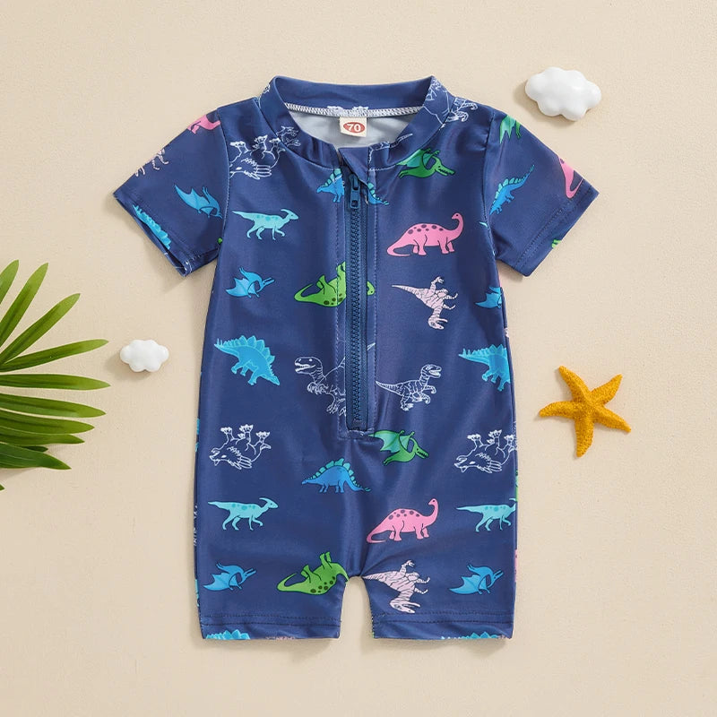Maillot de bain anti-éruption pour tout-petit garçon, barboteuse à fermeture éclair et manches courtes, imprimé baleine/dinosaure, maillot de bain pour bébé, 3 mois à 3 ans