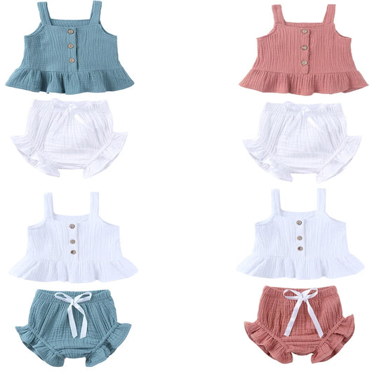 Ensemble de vêtements d'été pour nouveau-né fille, haut sans manches à volants en coton uni, pantalon court, 2 pièces