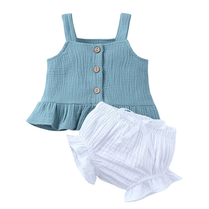 Ensemble de vêtements d'été pour nouveau-né fille, haut sans manches à volants en coton uni, pantalon court, 2 pièces