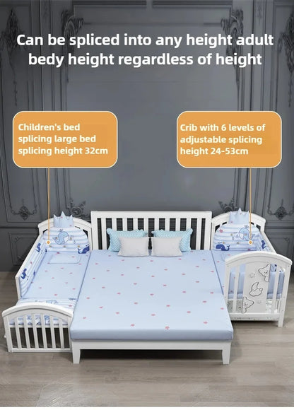 2025New Solid Wood Baby Crib Movable Splicing Bed Multifunctional Baby Rocking Bed Adjustable Guardrail Height with Mosquito Net