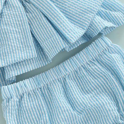 Ensemble short pour bébé fille, imprimé rayé, gros nœud, haut sans manches à bretelles et short extensible taille haute
