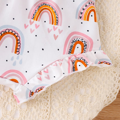 Ensemble 3 pièces d'été pour bébé fille de 0 à 2 ans, robe licou violette douce et confortable, décontractée et légère + short imprimé arc-en-ciel