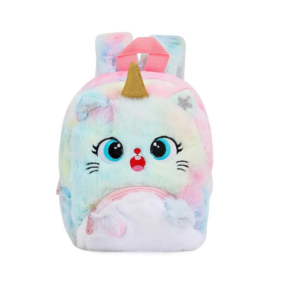 Girls and Boys Kindergarten Shoulders Bags Children's Cartoon Unicorn Plush Big Eyed Backpack Children's Colorful Plush Backpack