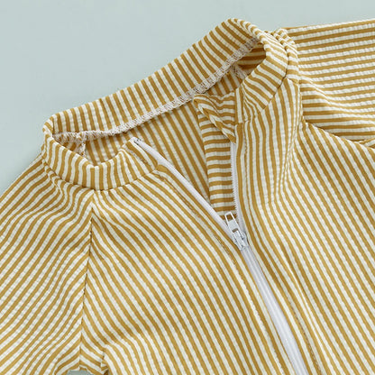 Maillots de bain d'été pour bébés garçons, imprimés rayés, fermeture éclair, col rond, manches courtes, combinaisons anti-éruption cutanée, chapeaux, maillots de bain