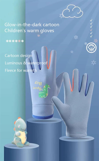 Winter Children's Gloves Cartoon Dinosaur Fluorescence Cycling Kids Warm Sports Skiing Windproof Waterproof Boys Girls Gloves