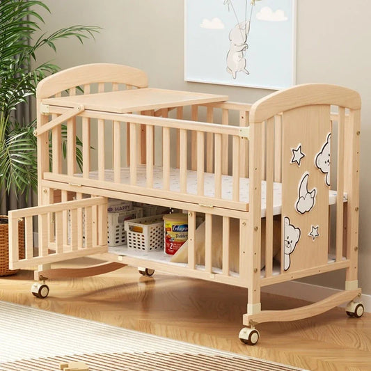 2025 New Baby Comfortable Sleeping Bed Solid Wood Newborn Baby Bed Multifunctional Baby Rocking Bed with Wheels and Mosquito Net