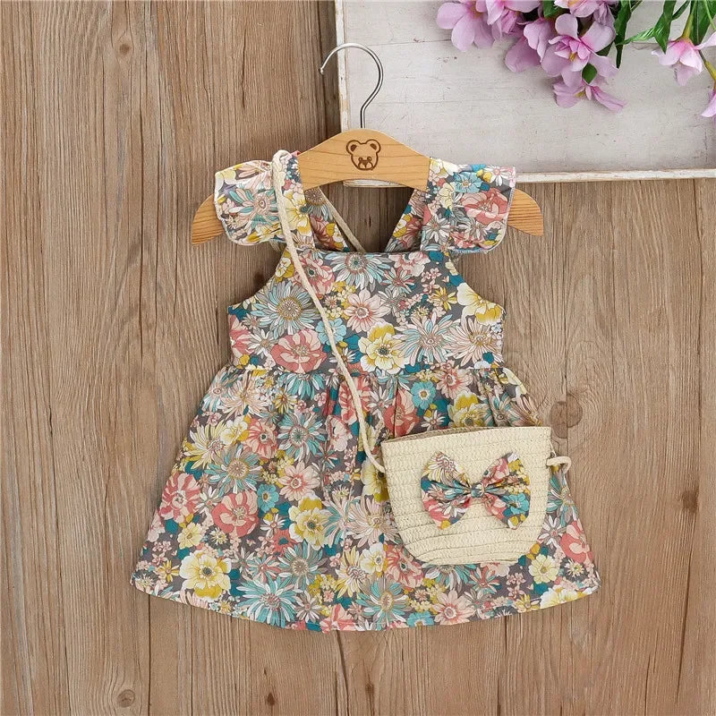 (Filles 0-3 ans) Nouvelle robe d'été pour filles, dos nu, petites manches volantées, fleurs à volants, imprimé complet + sac à bandoulière, robe trapèze