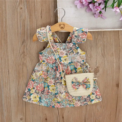 (Filles 0-3 ans) Nouvelle robe d'été pour filles, dos nu, petites manches volantées, fleurs à volants, imprimé complet + sac à bandoulière, robe trapèze