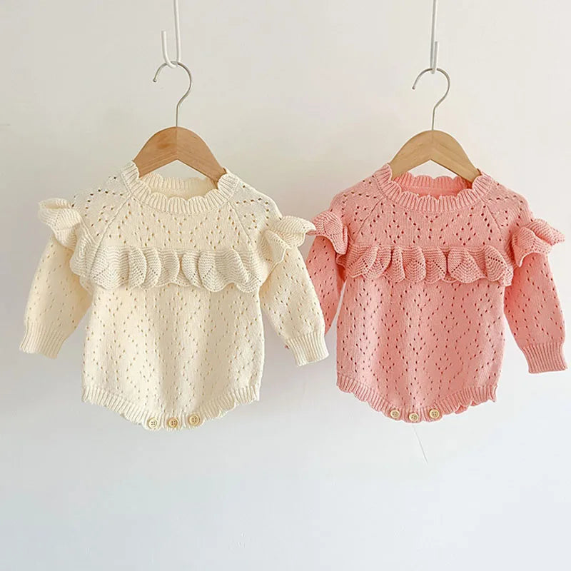 Body tricoté pour nouveau-né fille, couleur unie, ajouré, manches longues, automne, printemps, combinaison tricotée pour bébé fille