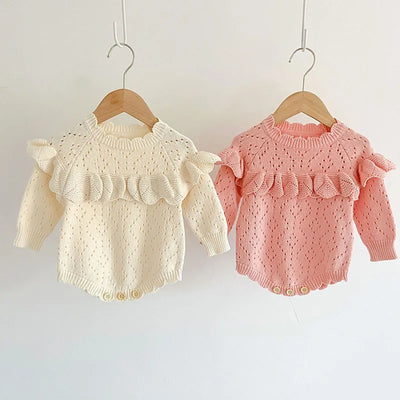 Body tricoté pour nouveau-né fille, couleur unie, ajouré, manches longues, automne, printemps, combinaison tricotée pour bébé fille
