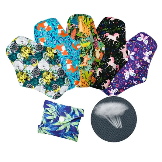 Lot de 5 serviettes hygiéniques lavables AWJ en tissu réutilisables, joli imprimé, pour femmes, pour flux abondant, couleur aléatoire