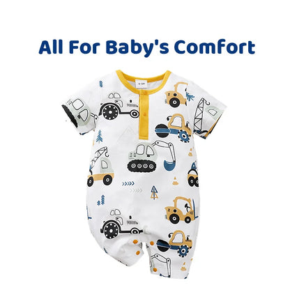 Body d'été pour bébé, motif voiture de dessin animé mignon, tout en coton, confortable, décontracté, col rond, manches courtes