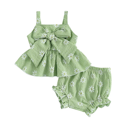 Tenues d'été pour bébés filles : ensemble débardeur sans manches et short élastique à gros nœud imprimé marguerites