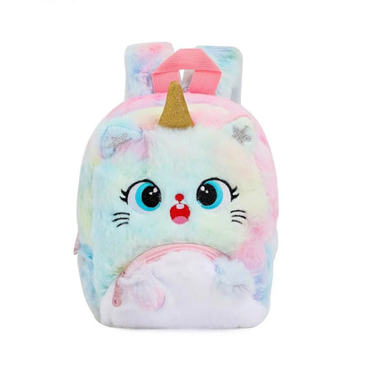 Girls and Boys Kindergarten Shoulders Bags Children's Cartoon Unicorn Plush Big Eyed Backpack Children's Colorful Plush Backpack