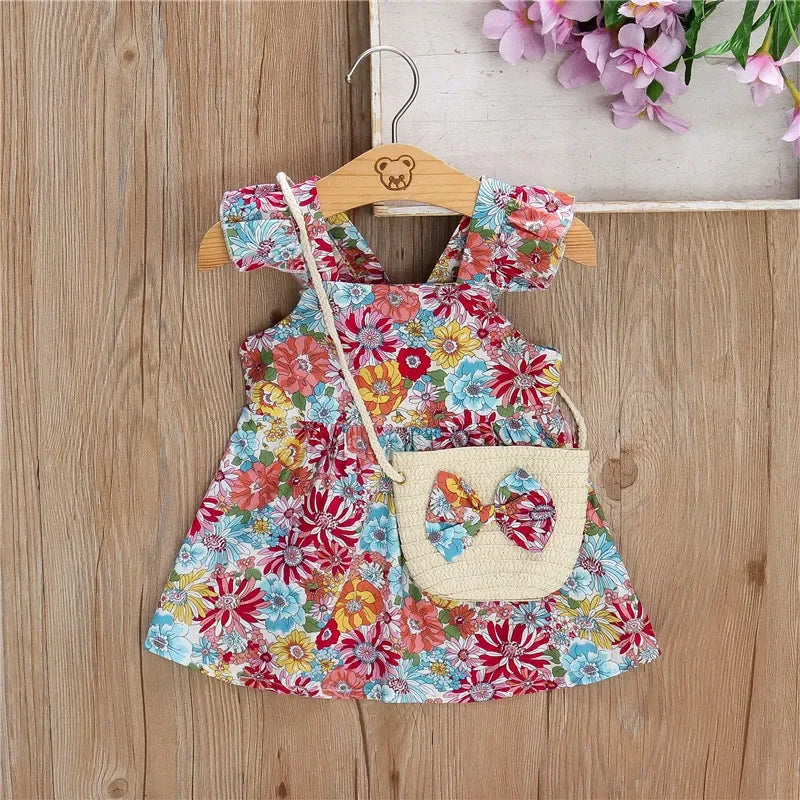 (Filles 0-3 ans) Nouvelle robe d'été pour filles, dos nu, petites manches volantées, fleurs à volants, imprimé complet + sac à bandoulière, robe trapèze