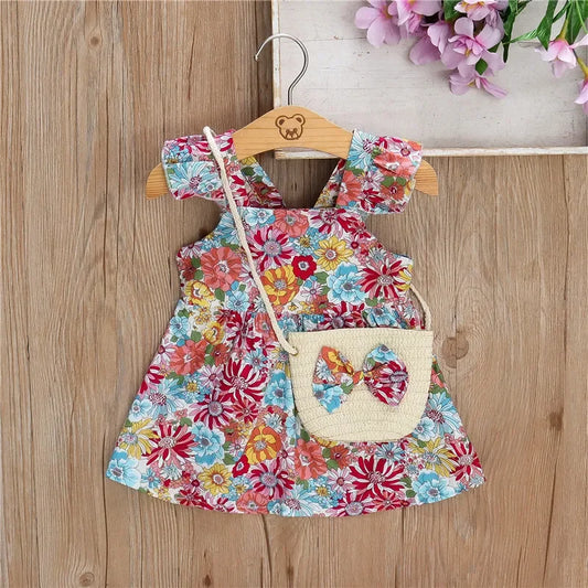 (Filles 0-3 ans) Nouvelle robe d'été pour filles, dos nu, petites manches volantées, fleurs à volants, imprimé complet + sac à bandoulière, robe trapèze