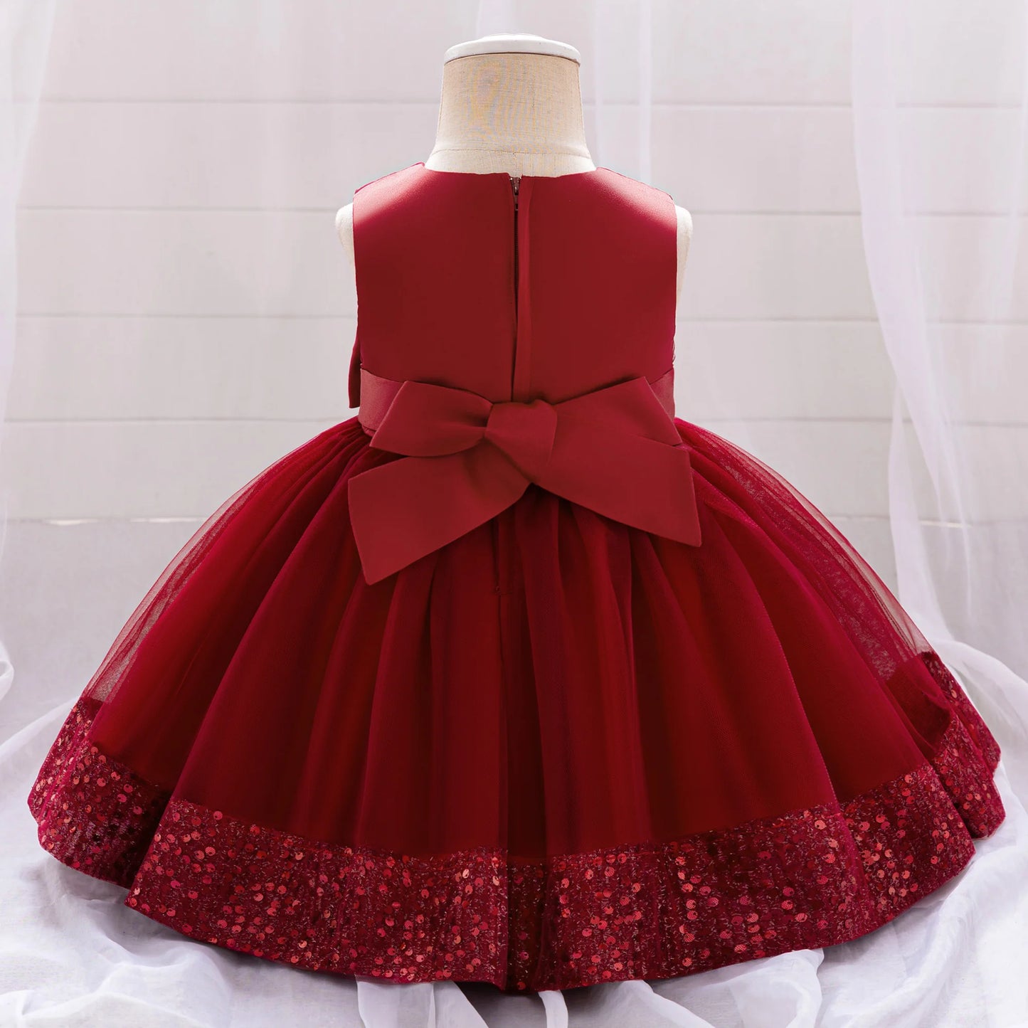 Robe de soirée à paillettes pour petite fille, tenue de bal de fin d'année, de mariage, de Noël, de 1er anniversaire, avec nœud, tenue de princesse en dentelle pour demoiselle d'honneur