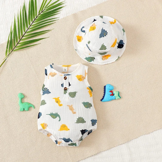 Ensemble 2 pièces pour nouveau-né garçon, imprimé dinosaure, body sans manches + chapeau, tenue d'été mignonne pour photographie de 0 à 9 mois