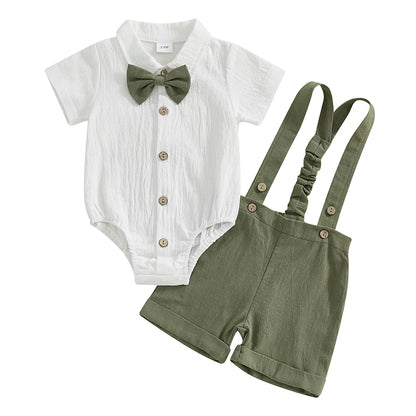 Ensemble 3 pièces pour bébé garçon, barboteuse à manches courtes et col à revers, couleur unie, avec short à bretelles et nœud papillon