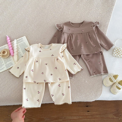 IG Fashion Vêtements pour nouveau-nés Pyjama pour bébé Garçon Fille Imprimé Cerise Manches Longues Chemise + Pantalon Vêtements de Nuit Ensemble Deux Pièces 0-2 ans