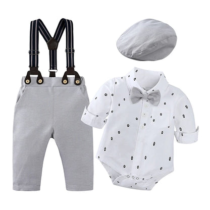 Ensembles de vêtements pour bébés garçons, 3 pièces, chemise à nœud papillon, barboteuse, pantalon et chapeau, robe pour nouveau-né, costume de fête pour homme