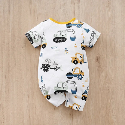 Body d'été pour bébé, motif voiture de dessin animé mignon, tout en coton, confortable, décontracté, col rond, manches courtes