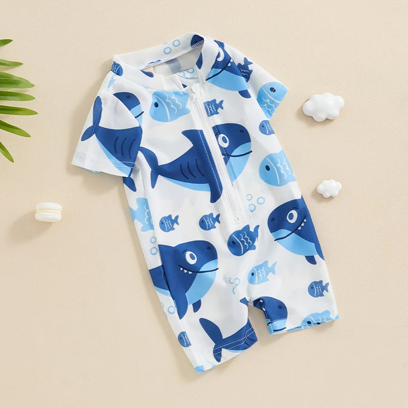 Maillot de bain anti-éruption pour tout-petit garçon, barboteuse à fermeture éclair et manches courtes, imprimé baleine/dinosaure, maillot de bain pour bébé, 3 mois à 3 ans