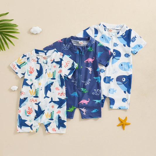 Maillot de bain anti-éruption pour tout-petit garçon, barboteuse à fermeture éclair et manches courtes, imprimé baleine/dinosaure, maillot de bain pour bébé, 3 mois à 3 ans