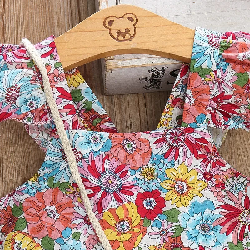 (Filles 0-3 ans) Nouvelle robe d'été pour filles, dos nu, petites manches volantées, fleurs à volants, imprimé complet + sac à bandoulière, robe trapèze