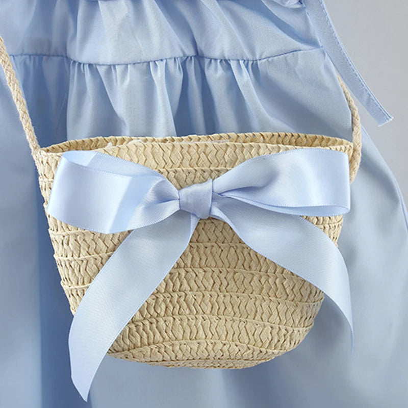 Robe d'été pour bébé fille, tenue de plage, style coréen, simple, bleue, sans manches, pour enfant, paquet gratuit (9 mois à 3 ans)