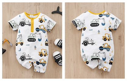 Body d'été pour bébé, motif voiture de dessin animé mignon, tout en coton, confortable, décontracté, col rond, manches courtes