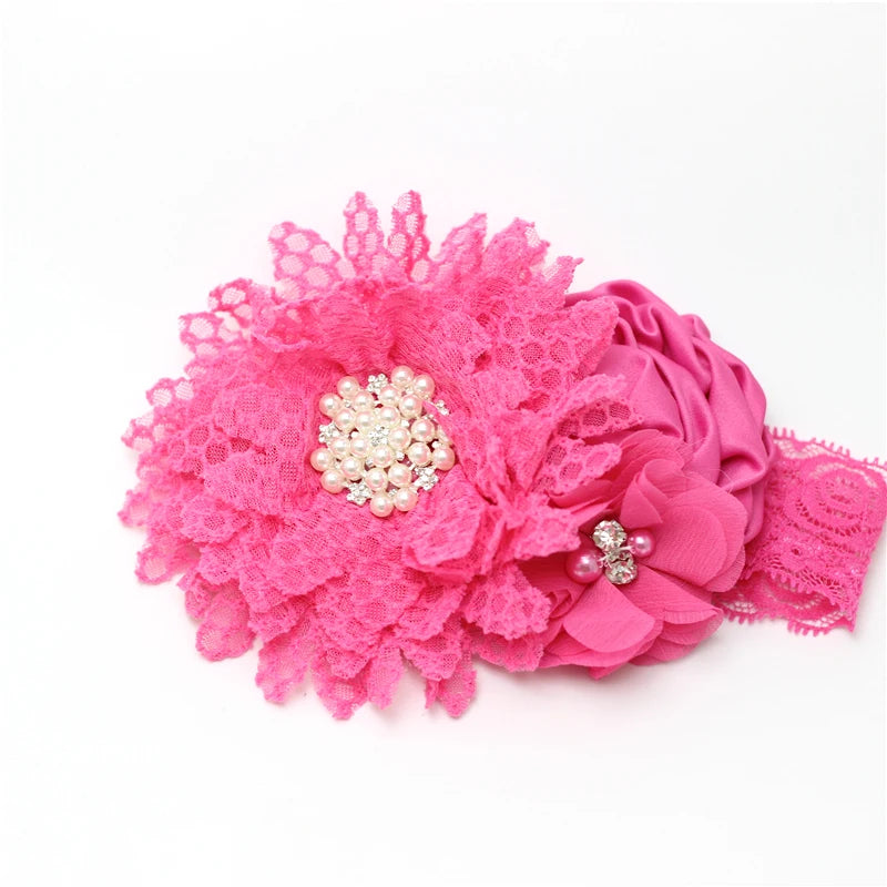 Baby Birthday Headband Photo Props Headwear Chiffon Flower with Diamond Lace Wide Headband for Baby Girls Headwrap Infant Turban