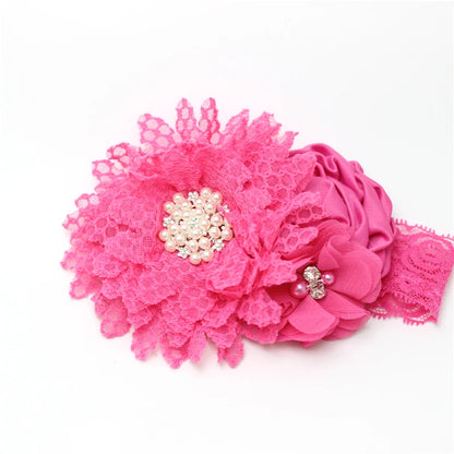 Baby Birthday Headband Photo Props Headwear Chiffon Flower with Diamond Lace Wide Headband for Baby Girls Headwrap Infant Turban