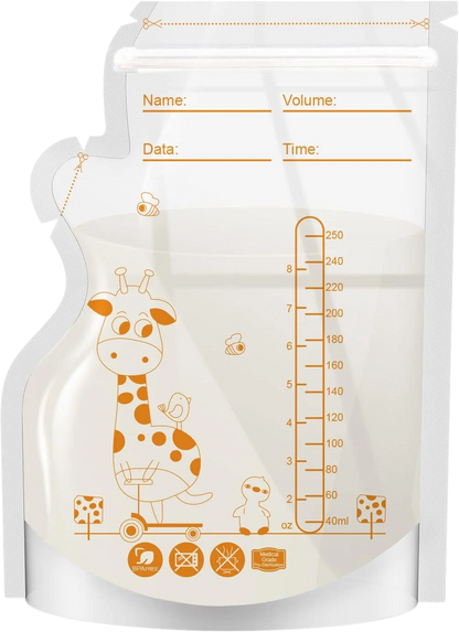 Sachets de conservation du lait maternel PE Giraffe, 250 ml, 30 pièces/60 pièces par paquet, étiquettes pré-adhésives, sans BPA, étanches,