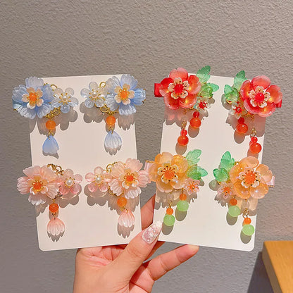 Children's Antique Style Tassel Hair Clip Headwear for Girls Hanfu Flower Hair Clip for Girls Bangs Hair Accessory