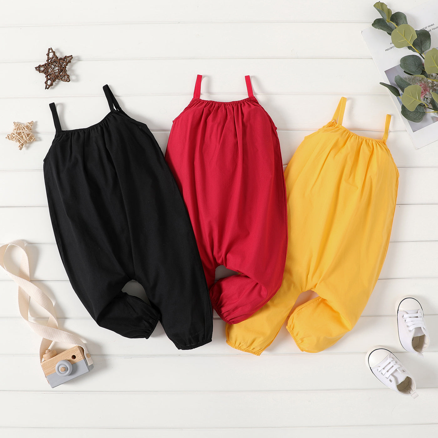 PatPat Salopette ample 100 % coton pour bébé fille, couleur unie, sans manches, bretelles spaghetti, sarouel, douce et confortable