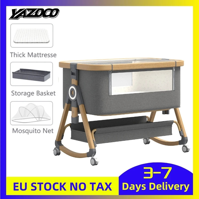 Portable Foldable Baby Crib 3-in-1 Adjustable Height with Rotatable Wheels Shaker Bassinet Mosquito Net Newborn Baby Bed