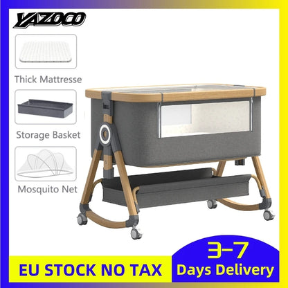 Portable Foldable Baby Crib 3-in-1 Adjustable Height with Rotatable Wheels Shaker Bassinet Mosquito Net Newborn Baby Bed