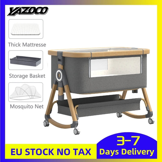 Portable Foldable Baby Crib 3-in-1 Adjustable Height with Rotatable Wheels Shaker Bassinet Mosquito Net Newborn Baby Bed