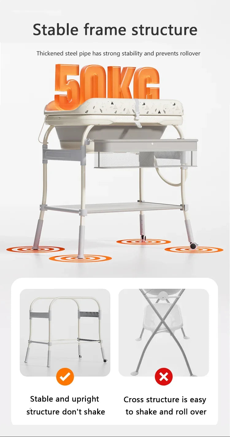 Baby Changing Table with Bathtub 2 in 1 Portable Foldable Infant Diaper Changing Table with Storage Tray 2 Wheels Anti-rollover