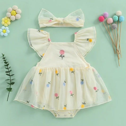 Vêtements pour nouveau-nés et nourrissons, barboteuse d'été pour bébés filles, manches volantées, broderie florale, combinaison avec bandeau