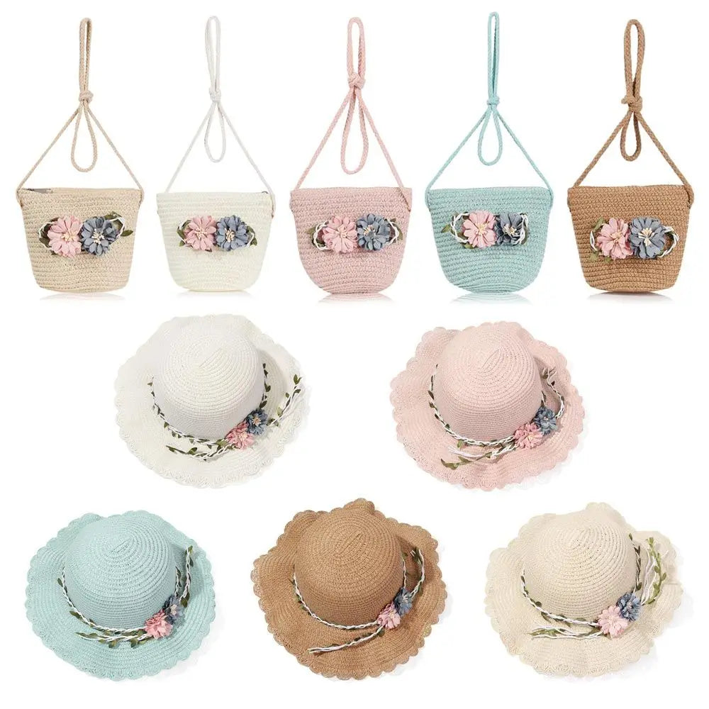 New Summer Kids Flower Caps Bag Girl Sandy Beach Hat Baby Coin Cute Weave Straw Purse Children's Messenger Backpack